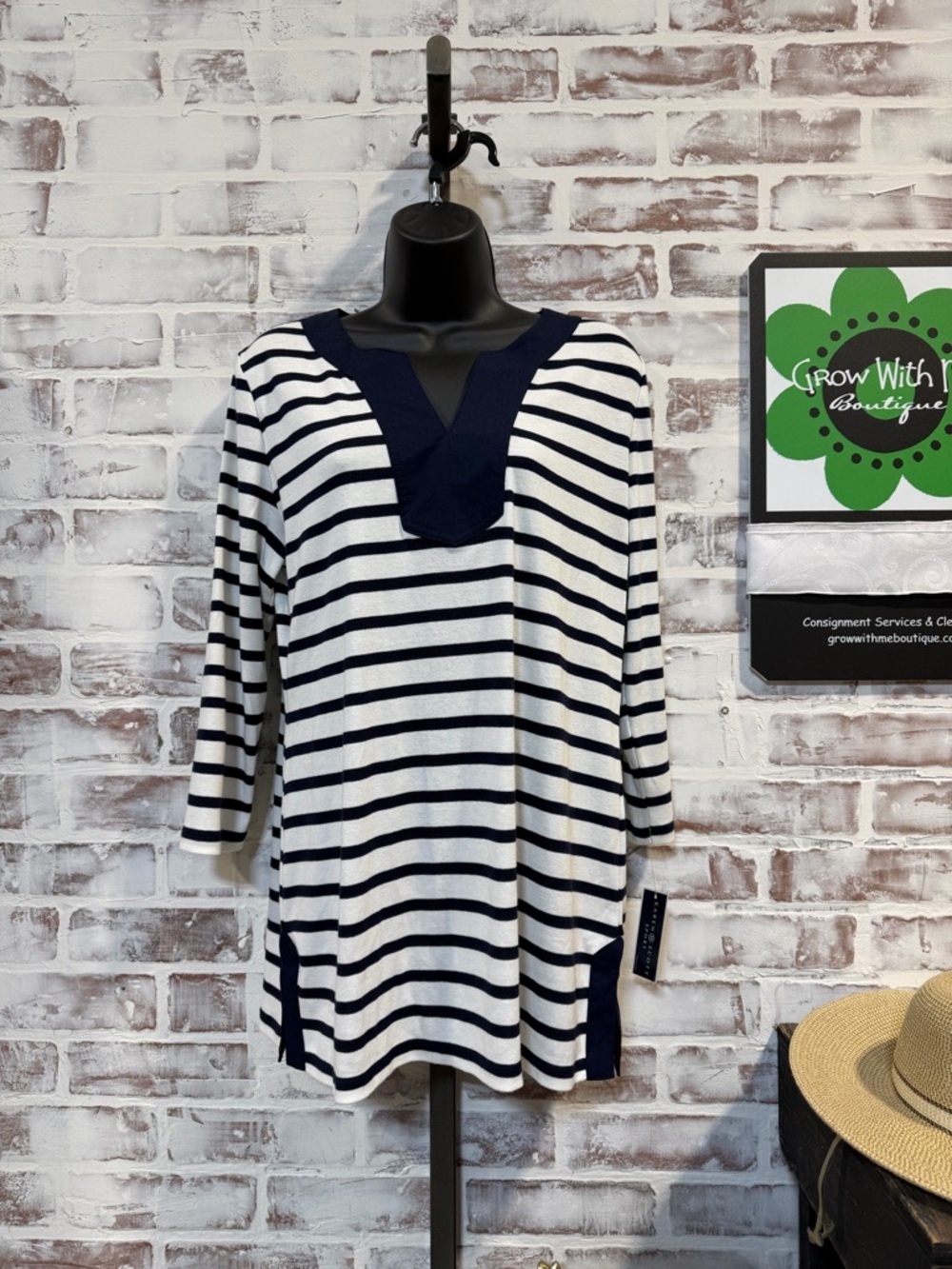 Karen Scott Navy and White Striped Collarless Top NWT medium